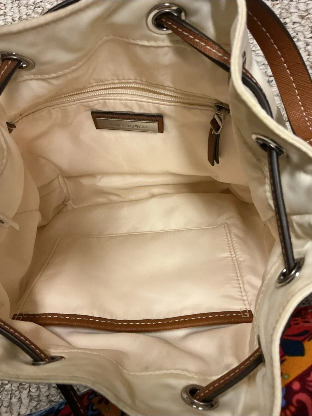 Tory Burch Cream Drawstring Bucket Bag with Brown Trim